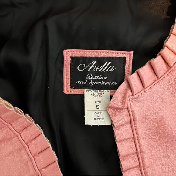 VTG Arella Leather and Sportswear Pink Coral Leather Open Front Jacket Small EUC - Picture 2 of 13
